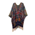 Detail of colorful zigzag knit poncho shawl with bohemian tassels on a white background - Navy Blue