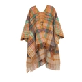 Macro shot of knitted shawl featuring colorful zigzag patterns and long fringe details - Pink Yellow