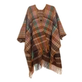 Detail of bohemian knit shawl featuring colorful zigzag patterns and fringe trim - Brown