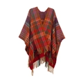 Detailed close-up of colorful zigzag knit pattern and fringe hem on the poncho - 2# Red