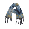 Detailed close-up of thick winter scarf with colorful heart patterns and long fringes - Blue