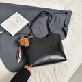 Black glossy tote bag with teddy bear charm and fashion lettering for commuting - Black With Pendant