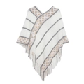 Women's knit stripe poncho with tassels in beige and grey geometric pattern - White