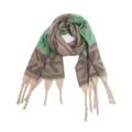 Close-up of thick grey and green jacquard leaf pattern knit scarf with long braided tassels - 03# Gray Green