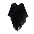 Women's black V-neck knit poncho featuring blue geometric patterns and fringe hem - Black