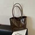 Deep brown large capacity faux leather tote bag with vintage texture and long straps - Coffee Without Pendant