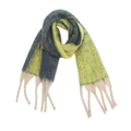 Close-up of thick gradient knit scarf with chunky tassels and mixed yarn texture - Grass Green Gradient