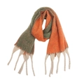 Detail of chunky tassels and gradient color-block knit scarf in orange and grey-green - Orange Gradient