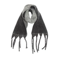 Detail view of thick grey gradient scarf with textured knit fabric and braided fringes - Black Gradient
