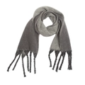 Detail of soft knit scarf featuring thick tassels and gray gradient color block texture - Grey Gradient