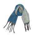 Close-up of blue and gray chunky knit scarf with long black decorative tassels - Blue Gradient