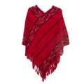 Women's knitted poncho in vibrant red with black geometric patterns and tassel trim - Red