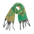 Close-up of winter knit scarf showing green rose jacquard pattern and grey fringe tassels - Green Yellow