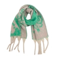 Close-up of thick knit tassel scarf with green and pink jacquard floral pattern - Green Beige