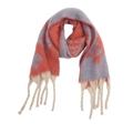 Detail of winter scarf with orange and blue floral jacquard and thick tassel fringe - Rust red