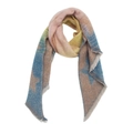 Close-up of winter chunky striped shawl with colorful star patterns and fringe details - Pink