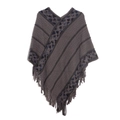 Women's dark grey striped knit poncho with blue geometric edges and fringe hem - Gray