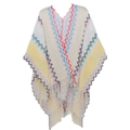 Detail of bohemian knit shawl with colorful zigzag patterns and fringe trim edges - White-Yellow