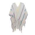 Detail of V-neck knitted poncho featuring colorful chevron patterns and tassel fringe hem - White-Beige