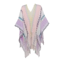 Close-up of zigzag pattern knit shawl with vibrant stripes and fringe hem details - Pink