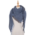Gray-blue triangle knitted shawl with fringe hem and marled texture on mannequin - Denim Blue (SJ3-06)