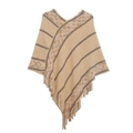 Poncho de punto a rayas beige y marrón para mujer con flecos largos decorativos - Caqui