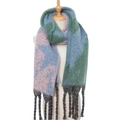 Detail of chunky knit scarf with green and blue color blocking and thick black fringe - Blue (06#)