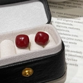 Elegant square red pearl earrings in a black leather gift box with minimalist design - Red