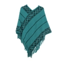 Poncho de punto para mujer en color azul turquesa con rayas y flecos largos decorativos - Azul