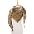 Triangle knit shawl in mustard yellow and brown with herringbone pattern and fringe trim - Yellow (SJ4-02)