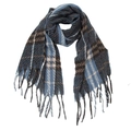 Detailed view of winter plaid scarf with fringe tassels in navy and grey knit - 185x65cm / Blue