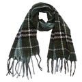Close-up of classic green and navy plaid scarf with soft fringe and twill weave texture - 185x65cm / Green
