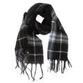 Close-up of the thick plaid scarf fabric with navy blue patterns and fringe edges - 185x65cm / Black
