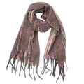 Detailed close-up of knitted winter scarf featuring mixed color weave and long fringes - Pink