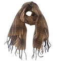 Close-up of brown tweed winter scarf with colorful flecks and hand-knotted tassels - Brown