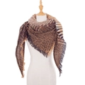 Triangle knit scarf with brown patchwork pattern and decorative fringe on white display - Coffee (SJ4-05)