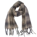 Macro detail of plaid scarf fabric with colorful confetti yarn and long tassels - Gray