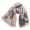 Detail of chunky knit scarf showing beige jacquard heart pattern and ribbed edges - 04# Grey