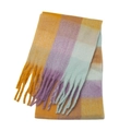 Close-up of winter plaid scarf with yellow, purple, green blocks and long fringes - Yellow (50#)