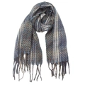 Detail of navy and beige herringbone plaid scarf with orange fibers and soft fringes - Blue