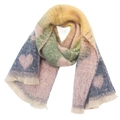 Close-up of colorful heart pattern knit scarf with short fringe and soft textures - Navy Blue