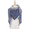 Women's knit scarf with navy herringbone pattern, colorful stripes, and long fringe - Blue (SJ4-06)