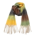 Close-up of knit scarf showing yellow and green gradient boucle yarn and thick tassels - 190x50+15cm / Green Yellow