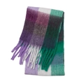 Close-up of thick checkered scarf with long tassels in purple grey and green - Green Purple (59#)