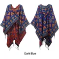 Ethnic navy blue hooded poncho with geometric red patterns and fringe tassels - Tops / 150x130+10cm / Blue