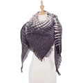 Dark grey knitted triangle shawl scarf with colorful stripes and long fringe tassels - Gray (SJ4-07)