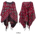 Red hooded poncho shawl with ethnic geometric patterns and stylish black tassels - Tops / 150x130+10cm / Red
