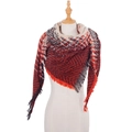 Plaid knitted triangle shawl with fringe in red, orange, and black color block - Red (SJ4-08)