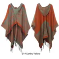 Ochre yellow hooded poncho cape with ethnic jacquard pattern and fringe trim finish - 01# Ochre