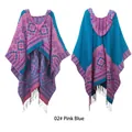 Pink and blue ethnic knit hooded poncho with fringe tassels and floral jacquard patterns - Blue
